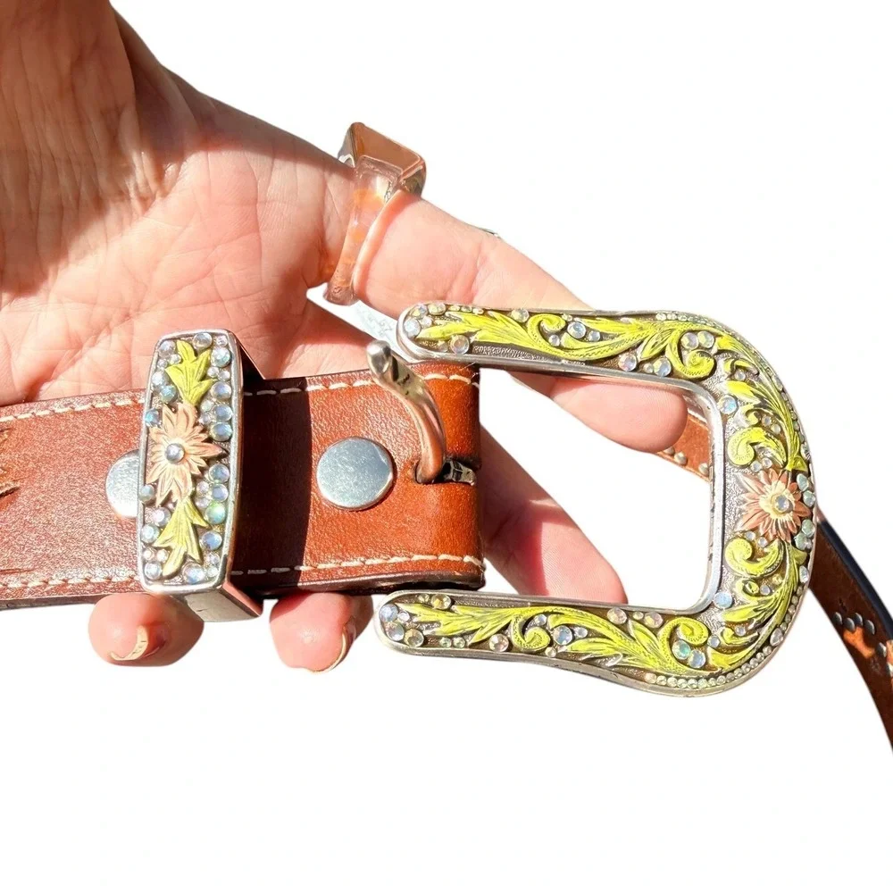 Womens‎ Floral Tooled Leather Western Belt Brown Rhinestone embossed L